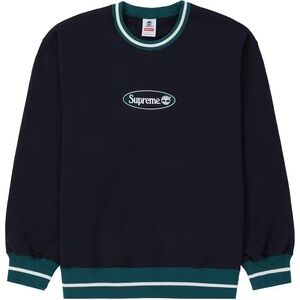 Supreme Men's Dark Blue Crewneck Sweater with Green Trim